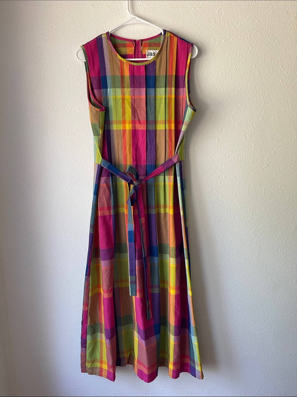 Vintage J.B.S. Bright Multicolor Plaid Sleeveless Belted Maxi Dress Size 12